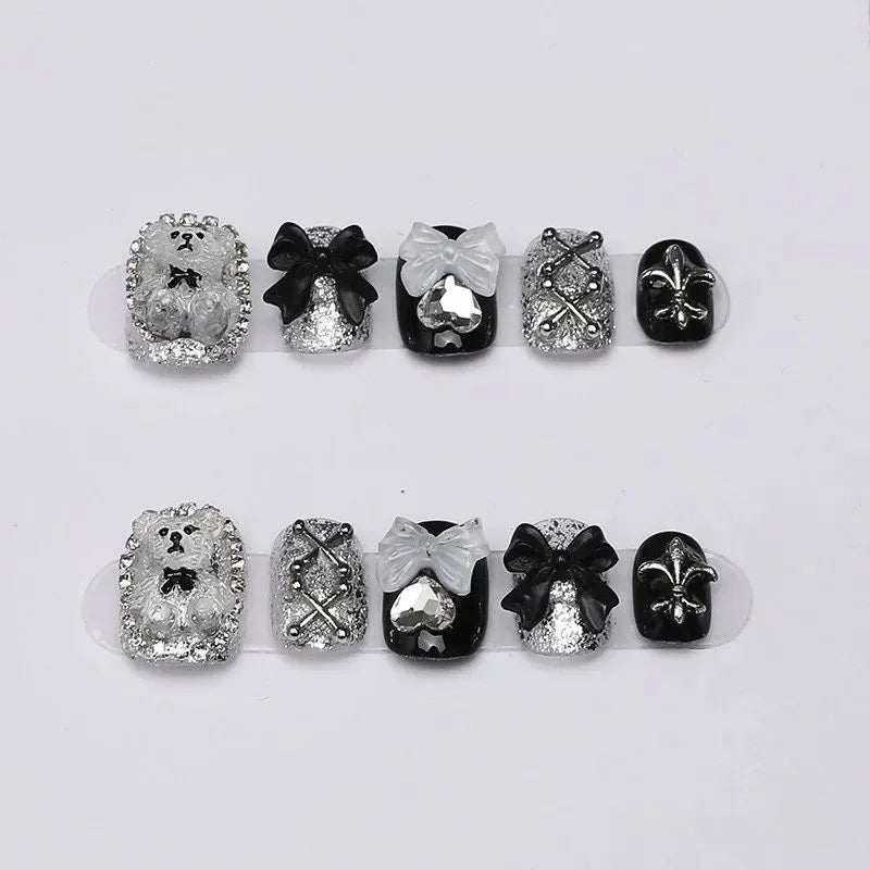 10pcs Handmade Bear & Bow Press-On Nails - Short Square Glossy Fake Nails with Cute Cartoon Bear Designs Nails for Women/Girls
