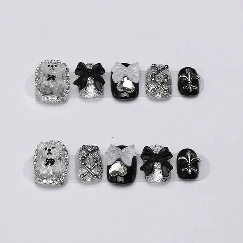 10pcs Handmade Bear & Bow Press-On Nails - Short Square Glossy Fake Nails with Cute Cartoon Bear Designs Nails for Women/Girls