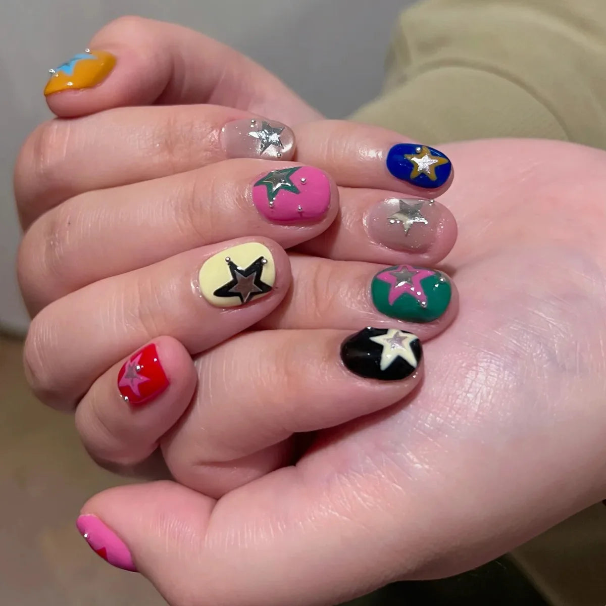 10PCS Sweet Cool Short Square Round Handmade False Nails Cute Graffiti Stars Patterns Cat Eye Press on Nails Full Cover Wearable