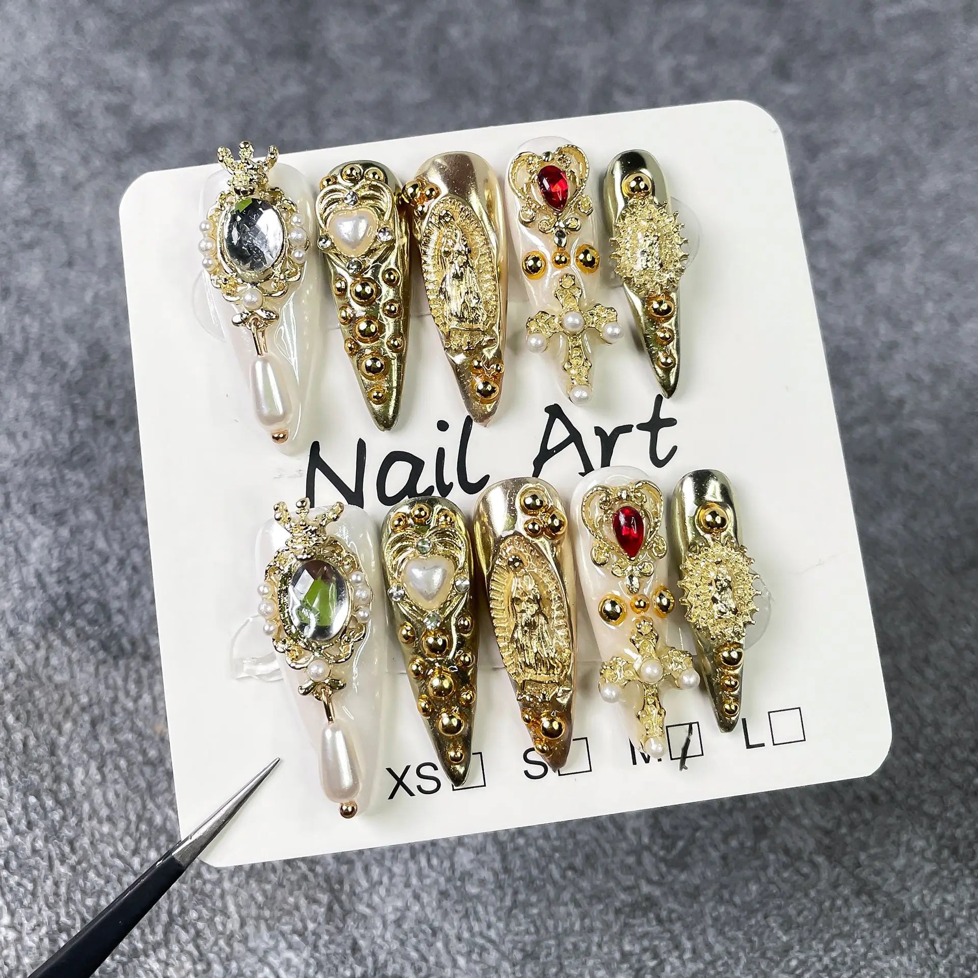 10pcs Golden Stiletto Handmade Press on Nails Retro Fake Nails with 3D Decorations False Nails Artificial Nail Накладные Ногти