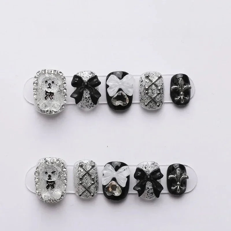 10pcs Handmade Bear & Bow Press-On Nails - Short Square Glossy Fake Nails with Cute Cartoon Bear Designs Nails for Women/Girls